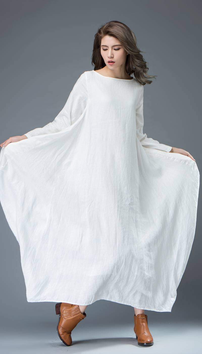 White Linen Maxi Dress with Oversized Fit and Long Sleeves White Linen Maxi Dress with Oversized Fit and Long Sleeves