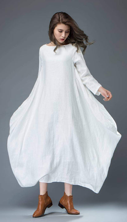 White dress, linen dress, long linen dress, maxi dress, casual dress, loose linen dress, long sleeves dress, oversized dress C821