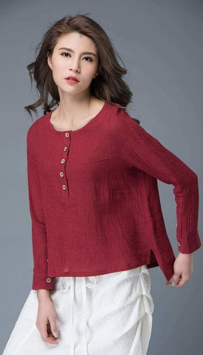 Linen top, womens tops, red linen top, buttons top, mini blouse, handmade blouse, linen blouse, loose shirts, made to order C842
