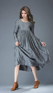 Casual Gray Dress - Comfortable Linen Loose-Fitting Long Sleeved Everday Marl Grey Midi-Length Woman's Dress C808