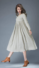 Load image into Gallery viewer, Casual Linen Dress - Light Gray Flared Pleated Mid-length Long Sleeved High-Waisted Loose-Fitted Handmade Plus Size Dress C809
