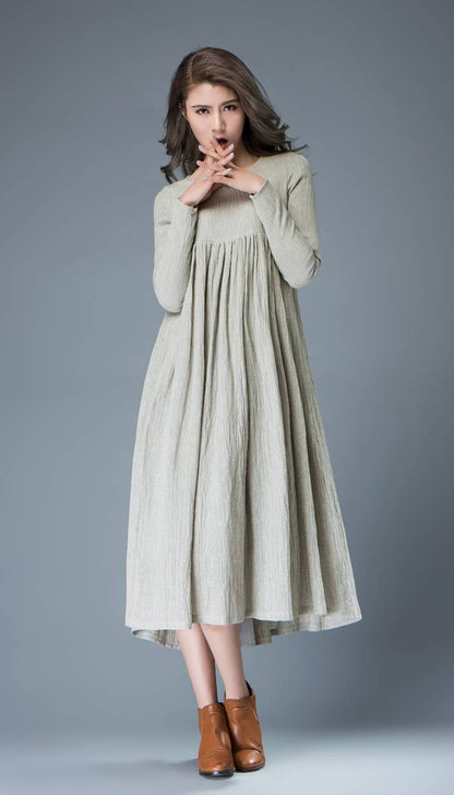 Light Gray Flared Pleated Mid-length Long Sleeved High-Waisted Loose-Fitted Handmade Plus Size Dress C809