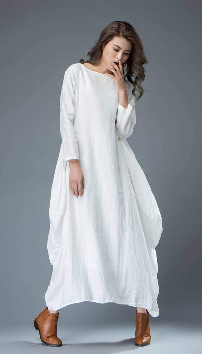 White dress, linen dress, long linen dress, maxi dress, casual dress, loose linen dress, long sleeves dress, oversized dress C821