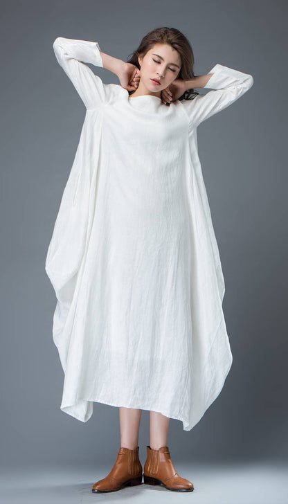 White dress, linen dress, long linen dress, maxi dress, casual dress, loose linen dress, long sleeves dress, oversized dress C821