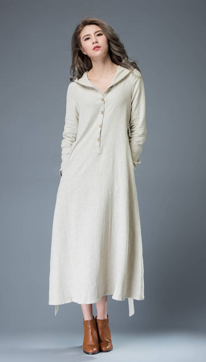 gray linen dress, hooded linen dress, linen dress, maxi dress, women dresses, long sleeve dress, casual dress, linen dress women C814