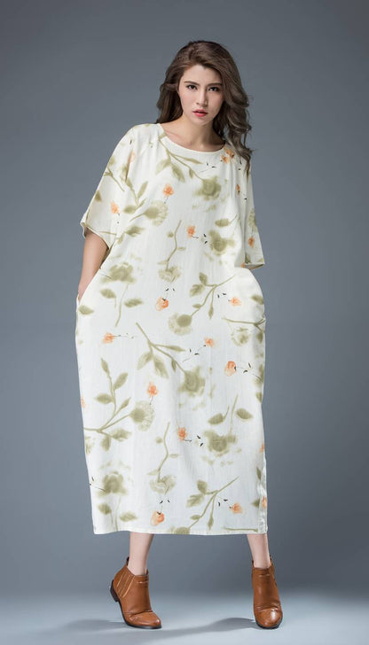 Flower print dress, maxi linen dress, womens dresses, long dress, t shirt dress, shift dress, oversize dress, plus size dress, handmade C812