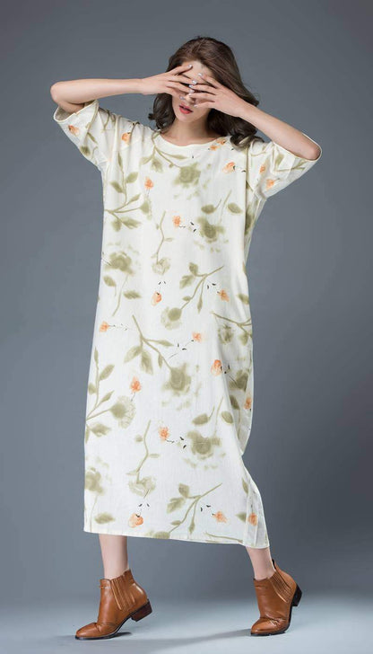 Flower print dress, maxi linen dress, womens dresses, long dress, t shirt dress, shift dress, oversize dress, plus size dress, handmade C812