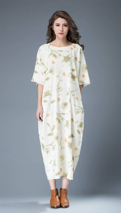 Flower print dress, maxi linen dress, womens dresses, long dress, t shirt dress, shift dress, oversize dress, plus size dress, handmade C812