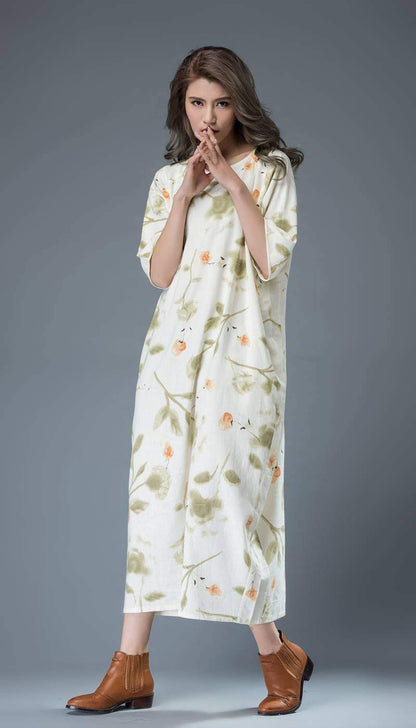 Flower print dress, maxi linen dress, womens dresses, long dress, t shirt dress, shift dress, oversize dress, plus size dress, handmade C812