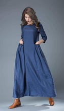 Load image into Gallery viewer, Maxi Blue Linen Dress - Cobalt Long Spring Summer Handmade Casual Everyday Woman&#39;s Dress with Half Sleeves C803
