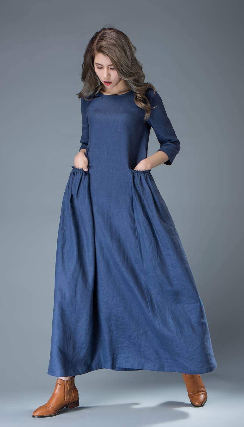 Maxi Blue Linen Dress - Cobalt Long Spring Summer Handmade Casual Everyday Woman's Dress with Half Sleeves C803
