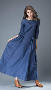Maxi Blue Linen Dress - Cobalt Long Spring Summer Handmade Casual Everyday Woman's Dress with Half Sleeves C803