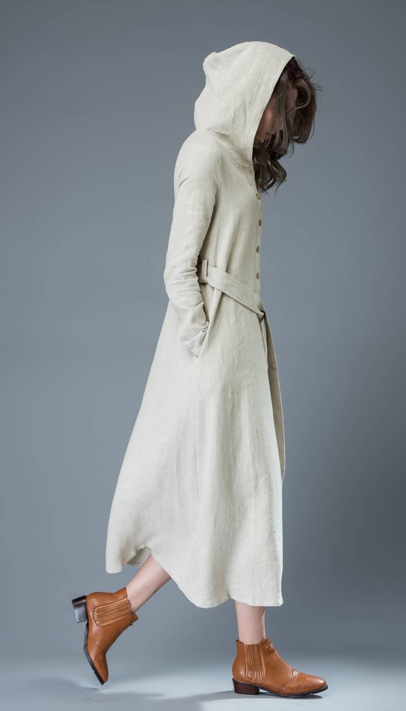 gray linen dress, hooded linen dress, linen dress, maxi dress, women dresses, long sleeve dress, casual dress, linen dress women C814
