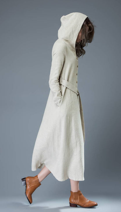 gray linen dress, hooded linen dress, linen dress, maxi dress, women dresses, long sleeve dress, casual dress, linen dress women C814