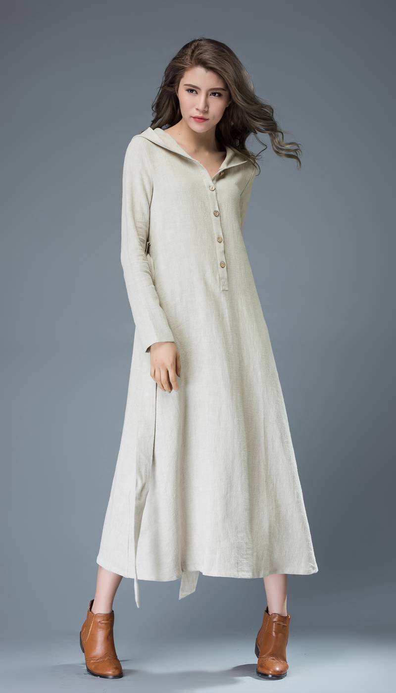gray linen dress, hooded linen dress, linen dress, maxi dress, women dresses, long sleeve dress, casual dress, linen dress women C814