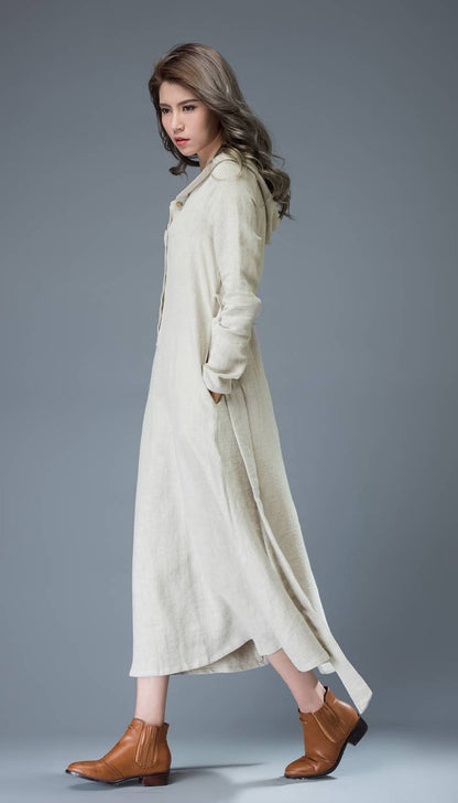 gray linen dress, hooded linen dress, linen dress, maxi dress, women dresses, long sleeve dress, casual dress, linen dress women C814
