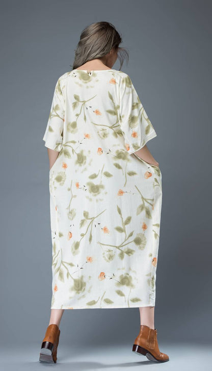 Flower print dress, maxi linen dress, womens dresses, long dress, t shirt dress, shift dress, oversize dress, plus size dress, handmade C812