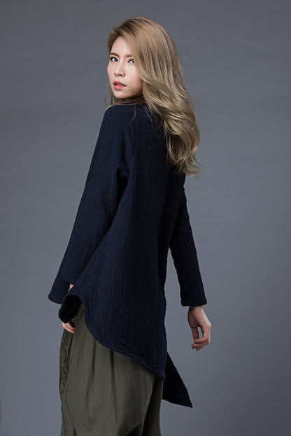 long sleeves top, casual top, summer top, loose blouse, linen top, blue top, asymmetrical shirt, loose blouse, classic shirt C857