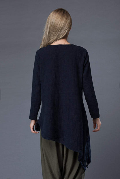 long sleeves top, casual top, summer top, loose blouse, linen top, blue top, asymmetrical shirt, loose blouse, classic shirt C857