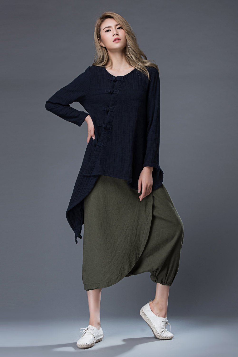 long sleeves top, casual top, summer top, loose blouse, linen top, blue top, asymmetrical shirt, loose blouse, classic shirt C857