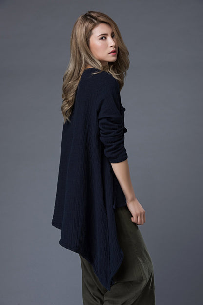 long sleeves top, casual top, summer top, loose blouse, linen top, blue top, asymmetrical shirt, loose blouse, classic shirt C857