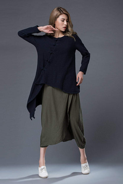 long sleeves top, casual top, summer top, loose blouse, linen top, blue top, asymmetrical shirt, loose blouse, classic shirt C857