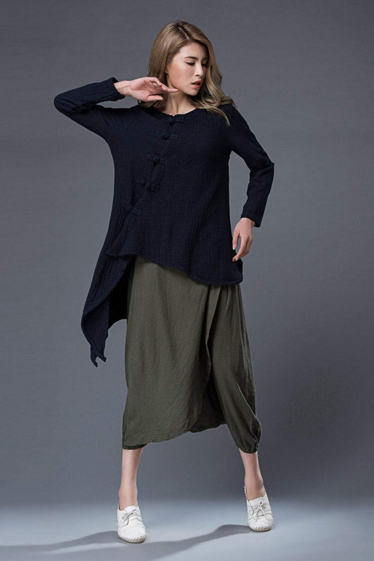 long sleeves top, casual top, summer top, loose blouse, linen top, blue top, asymmetrical shirt, loose blouse, classic shirt C857