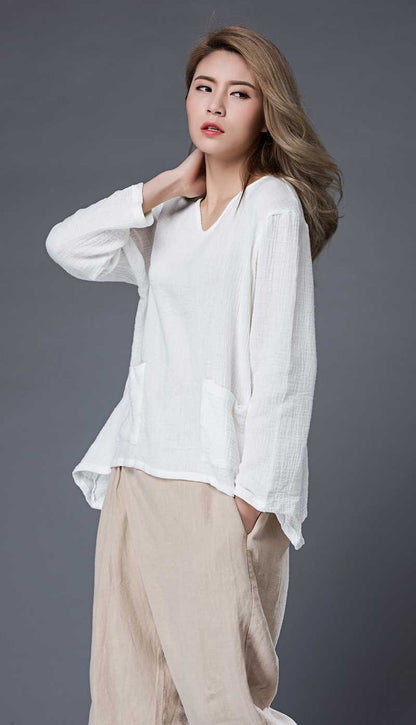 Linen top, womens linen top, white linen top, oversized linen top, linen blouse with long sleeves, v neck tops, irregular blouses C866