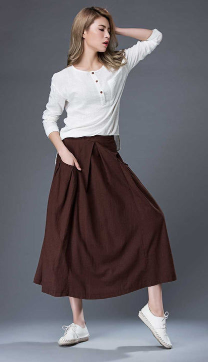 Tea length skirt, Linen Skirt, brown linen skirt, midi skirt, womens skirts, linen skirt pockets, summer skirt, made to order C872