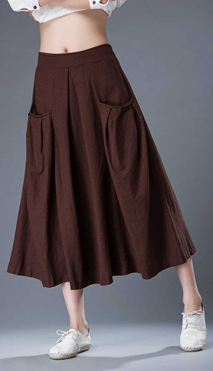 Tea length skirt, Linen Skirt, brown linen skirt, midi skirt, womens skirts, linen skirt pockets, summer skirt, made to order C872