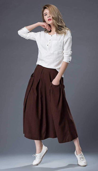 Tea length skirt, Linen Skirt, brown linen skirt, midi skirt, womens skirts, linen skirt pockets, summer skirt, made to order C872