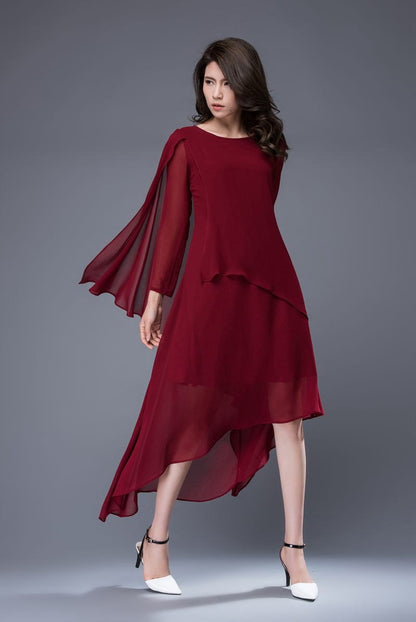 Chiffon dress, wine red dress, formal dress, layered dress, bridesmaid dress, party dress, prom dress, womens dress, asymmetrical dress C878