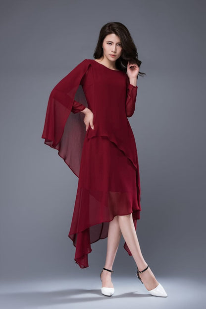 Chiffon dress, wine red dress, formal dress, layered dress, bridesmaid dress, party dress, prom dress, womens dress, asymmetrical dress C878