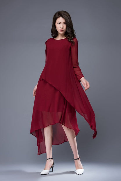 Chiffon dress, wine red dress, formal dress, layered dress, bridesmaid dress, party dress, prom dress, womens dress, asymmetrical dress C878