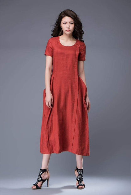 Linen Dress - Rusty Red Semi-Fitted Casual Comfortable Everyday Day Dress with Large Side Pockets & Short Sleeves C882