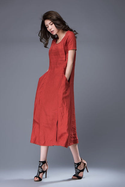 Linen Dress - Rusty Red Semi-Fitted Casual Comfortable Everyday Day Dress with Large Side Pockets & Short Sleeves C882