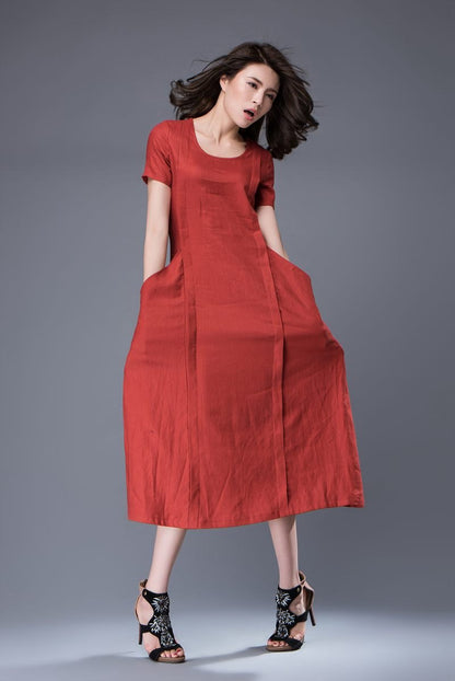 Linen Dress - Rusty Red Semi-Fitted Casual Comfortable Everyday Day Dress with Large Side Pockets & Short Sleeves C882
