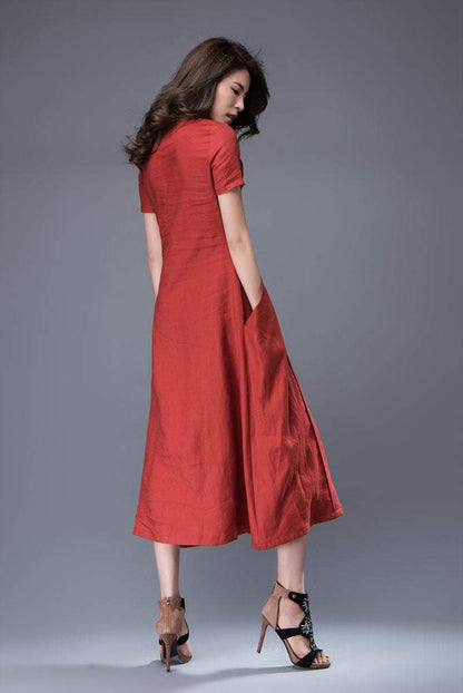 Linen Dress - Rusty Red Semi-Fitted Casual Comfortable Everyday Day Dress with Large Side Pockets & Short Sleeves C882