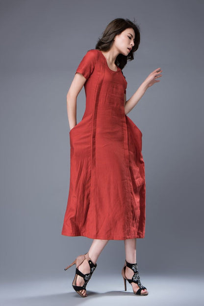 Linen Dress - Rusty Red Semi-Fitted Casual Comfortable Everyday Day Dress with Large Side Pockets & Short Sleeves C882