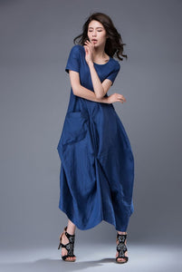 Blue Linen Dress - Lagenlook Long Maxi Short-Sleeved Loose-Fitting Asymmetrical Designer Dress with Large Pockets C883