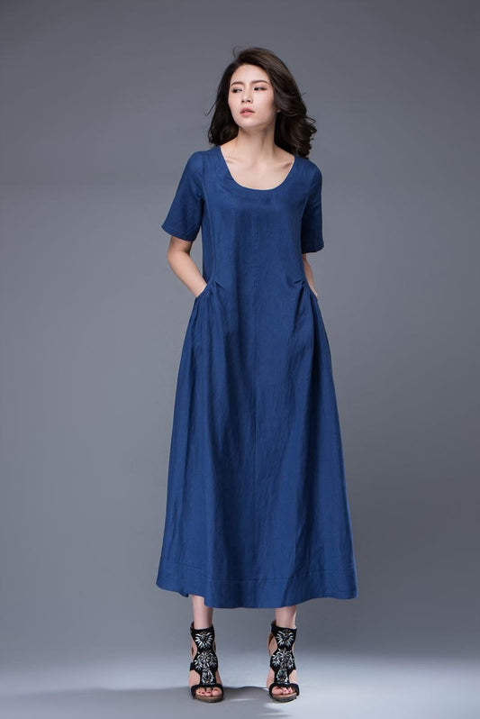 Royal Blue Dress - Simple Elegant Everyday Wardrobe Staple Linen Dress Semi-Fitted with Pockets & Drawstring Waist C884