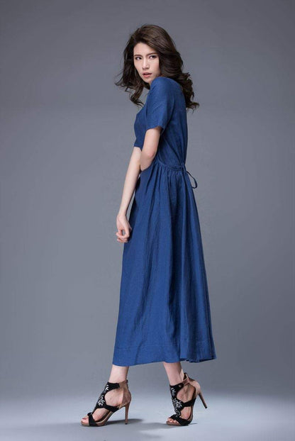 Royal Blue Dress - Simple Elegant Everyday Wardrobe Staple Linen Dress Semi-Fitted with Pockets & Drawstring Waist C884