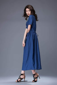 Royal Blue Dress - Simple Elegant Everyday Wardrobe Staple Linen Dress Semi-Fitted with Pockets & Drawstring Waist C884