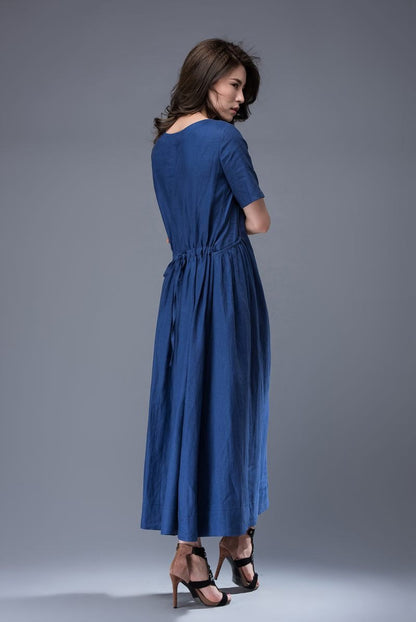 Royal Blue Dress - Simple Elegant Everyday Wardrobe Staple Linen Dress Semi-Fitted with Pockets & Drawstring Waist C884