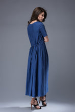 Load image into Gallery viewer, Royal Blue Dress - Simple Elegant Everyday Wardrobe Staple Linen Dress Semi-Fitted with Pockets &amp; Drawstring Waist C884

