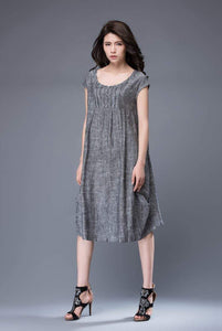 Gray linen tunic dress - mini Linen Women's Summer Dress with Cap Sleeves & Scoop Neck Mid-Length Plus Size Dress C886