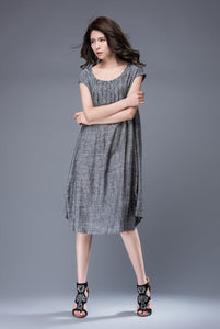 Gray linen tunic dress - mini Linen Women's Summer Dress with Cap Sleeves & Scoop Neck Mid-Length Plus Size Dress C886