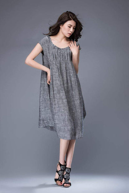 Gray linen tunic dress - mini Linen Women's Summer Dress with Cap Sleeves & Scoop Neck Mid-Length Plus Size Dress C886