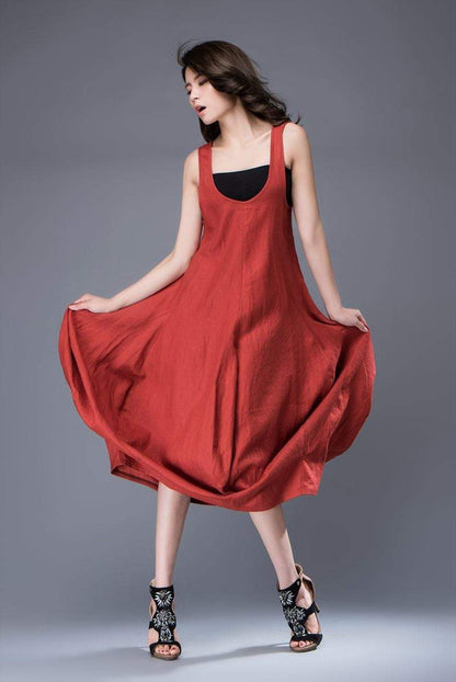 Red Linen Dress - Free-Style Casual Loose-Fitting Tulip-Shaped Everyday Modern Contemporary Unique Designer Dress C888