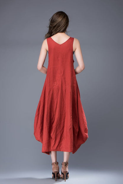 Red Linen Dress - Free-Style Casual Loose-Fitting Tulip-Shaped Everyday Modern Contemporary Unique Designer Dress C888